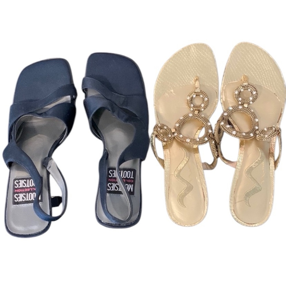Lot of two size 7 1/2 women’s satin Mootsie Tootsies & pair of gold Nina sandals
